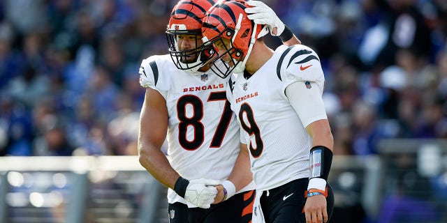 Cincinnati Bengals tight end C.J. Uzomah (87) and quarterback Joe Burrow (9) react after they connected for a touchdown pass during the second half of an NFL football game, Sunday, Oct. 24, 2021, in Baltimore.