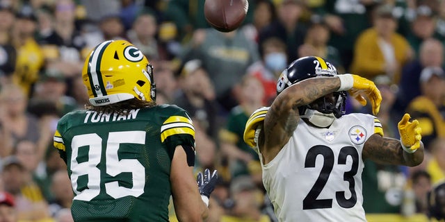 Pittsburgh Steelers' Joe Haden breaks up a pass intended for Green Bay Packers' Robert Tonyan during the second half of an NFL football game Sunday, Oct. 3, 2021, in Green Bay, Wis.