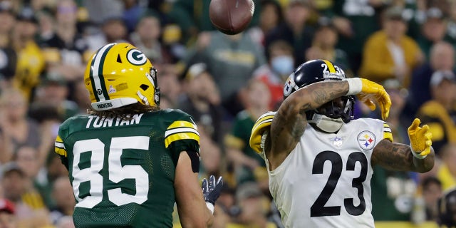 Pittsburgh Steelers' Joe Haden breaks up a pass intended for Green Bay Packers' Robert Tonyan during the second half of an NFL football game Sunday, Oct. 3, 2021, in Green Bay, Wis.