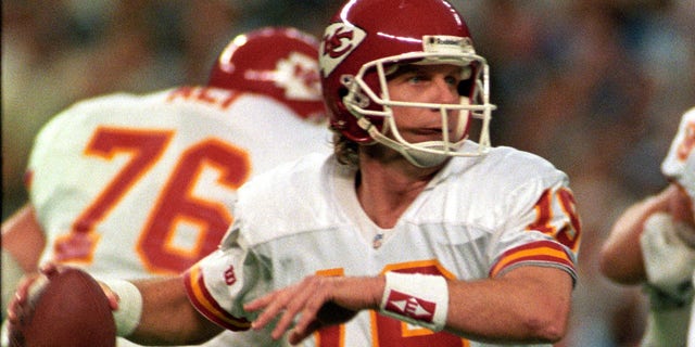 Kansas City Chiefs quarterback Joe Montana in the first quarter against the Houston Oilers at the Astrodome in Houston, Texas on Jan. 16, 1994. The Oilers lost the game 28-20. 