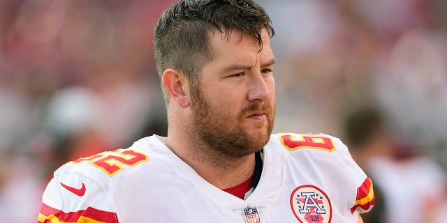 Joe Thuney #62 of the Kansas City Chiefs looks on from the bench against the San Francisco 49ers during the first quarter at Levi's Stadium on August 14, 2021 in Santa Clara, California.