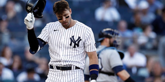 New York Yankees' Joey Gallo reacts after striking out during the eighth inning of a baseball game against the Tampa Bay Rays on Saturday, Oct. 2, 2021, in New York.