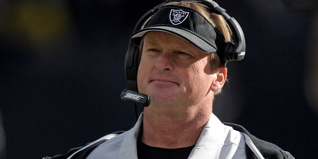Oakland Raiders head coach Jon Gruden looks on against the Jacksonville Jaguars during the Raiders final game at the Oakland-Alameda Coliseum before relocating to Las Vegas for the 2020 season.