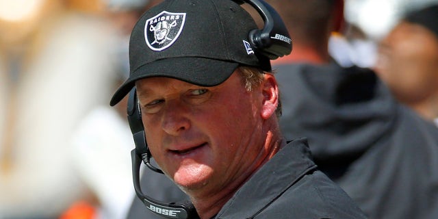 Jon Gruden of the Las Vegas Raiders in action against the Pittsburgh Steelers on September 19, 2021 at Heinz Field in Pittsburgh, Pennsylvania.