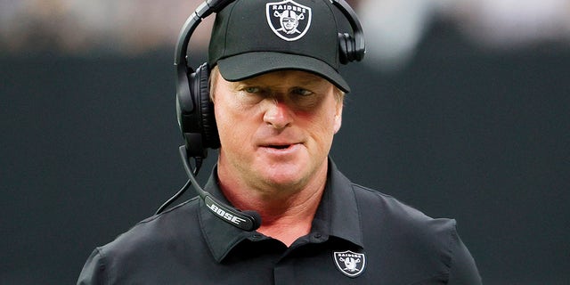 Las Vegas Raiders head coach John Gruden reacts during the first half against the Chicago Bears at Allegiant Stadium on October 10, 2021 in Las Vegas, Nevada.