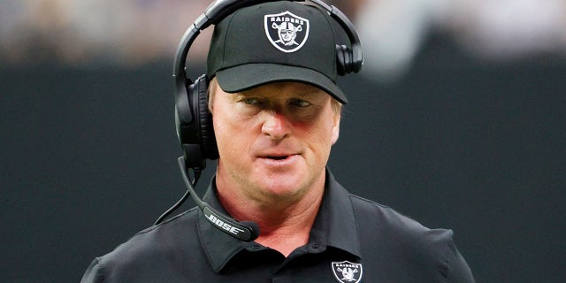 Las Vegas Raiders head coach John Gruden reacts during the first half against the Chicago Bears at Allegiant Stadium on October 10, 2021 in Las Vegas, Nevada.