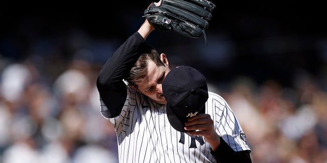 New York Yankees pitcher Jordan Montgomery reacts during the third inning of a baseball game against the Tampa Bay Rays on Saturday, Oct. 2, 2021, in New York.