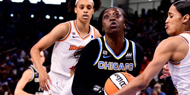 Kahleah Copper (2) of the Chicago Sky drives to the basket against the Phoenix Mercury during Game 4 of the 2021 WNBA Finals on Oct. 17, 2021 at the Wintrust Arena in Chicago, Ill.