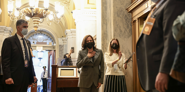 Vice President Kamala Harris reacts as people sing "happy birthday" to her after she arrived to the U.S. Capitol Building on October 20, 2021 in Washington, DC.