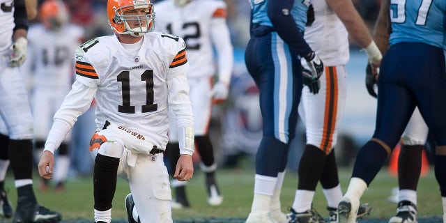 Ken Dorsey #11 of the Cleveland Browns is slow to get up after being hit by the Tennessee Titans defense on Dec. 7, 2008 at LP Field in Nashville, Tennessee. The Titans defeated the Browns 28-9.