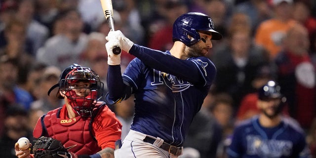 Tampa Bay Rays Kevin Kiermaier strikes out during the eleventh inning against the Boston Red Sox during Game 3 of a baseball American League Division Series, Sunday, Oct. 10, 2021, in Boston.