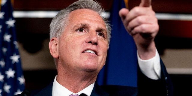 House Republican Leader Kevin McCarthy of California takes a question from a reporter during his weekly news briefing on Capitol Hill, Sept. 30, 2021, in Washington. 