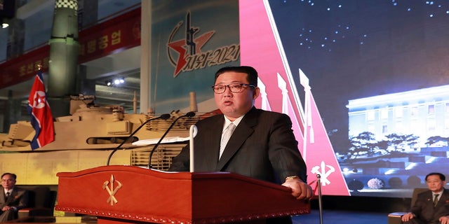 North Korean leader Kim Jong Un speaks during an exhibition of weapons systems in Pyongyang, North Korea, on Monday. (Korean Central News Agency/Korea News Service via AP)