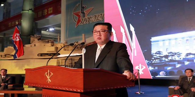 North Korean leader Kim Jong Un speaks during an exhibition of weapons systems in Pyongyang, North Korea, on Monday. (Korean Central News Agency/Korea News Service via AP)