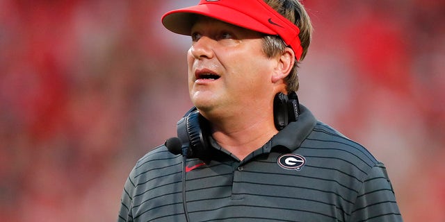 Georgia Bulldogs head coach Kirby Smart reacts in the first half against the South Carolina Gamecocks at Sanford Stadium on September 18, 2021 in Athens, Georgia.