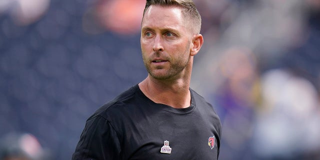FILE - In this Oct. 3, 2021, file photo, Arizona Cardinals coach Kliff Kingsbury walks on the field before the team's NFL football game against the Los Angeles Rams in Inglewood, Calif.