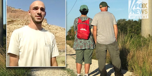 Chris and Roberta Laundrie pause at Myakkahatchee Creek Environmental Park near their Florida home minutes after finding some of their son's belongings at the edge of a clearing. Inset: Brian Laundrie speaks to Moab, Utah, police in bodycam video from Aug. 12. 