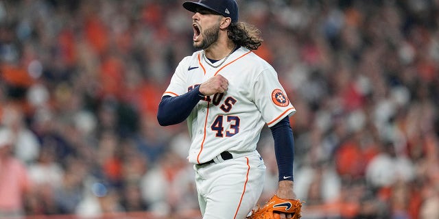 Houston Astros starting pitcher Lance McCullers Jr. reacts after he got Chicago White Sox's Adam Engel to ground out to end the top of the fifth inning in Game 1 of a baseball American League Division Series Thursday, Oct. 7, 2021, in Houston.