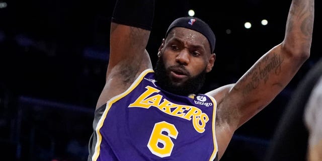 Los Angeles Lakers forward LeBron James dunks during the second half of the team's game against the Phoenix Suns on Friday, Oct. 22, 2021, in Los Angeles.