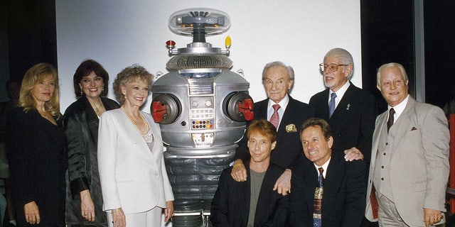 ‘Lost in Space’ cast from left: Marta Kristen, Angela Cartwright, June Lockhart, Bill Mumy, Jonathan Harris, Bob May, Mark Goddard at The Museum of Television and Radio in Beverly Hills.