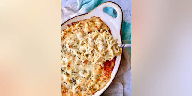 Debi Morgan's creamy lemon chicken spaghetti casserole is made with alfredo sauce, pesto, sun-dried tomatoes, lemon juice and various cheeses.