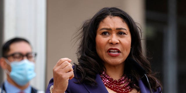 Mayor London Breed speaks during a news conference to mark the one-year anniversary of the COVID-19 lockdown on March 17, 2021, in San Francisco, California.