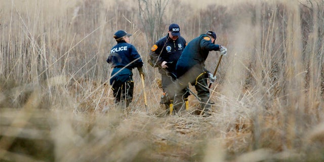 Des enquêteurs de la scène du crime utilisent des détecteurs de métaux pour rechercher dans un marais les restes de Shannan Gilbert le 12 décembre 2011 à Oak Beach, New York.