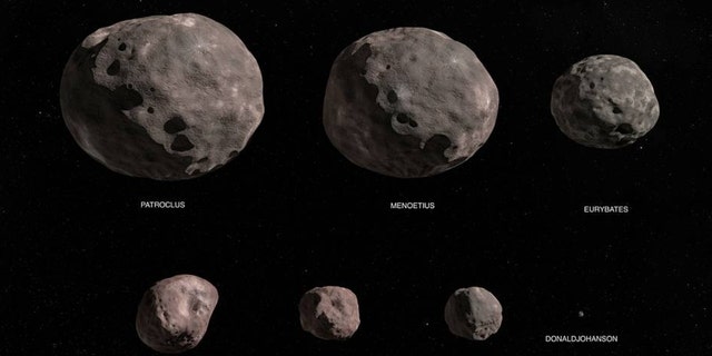 NASA's Lucy mission explores a record number of asteroids flying by one of the main asteroid belts of the solar system and seven Trojan horse asteroids. This figure shows the seven targets of Lucy's mission: the binary asteroid Patroclus / Menoetius, Eurybates, Orus, Leucus, Polymele, and the main belt asteroid Donald Johanson.