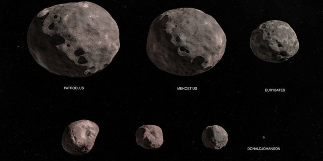 NASA's Lucy mission will explore a record-breaking number of asteroids, flying by one asteroid in the solar system’s main asteroid belt, and by seven Trojan asteroids.This illustration is of the Lucy mission's seven targets: the binary asteroid Patroclus/Menoetius, Eurybates, Orus, Leucus, Polymele, and the main belt asteroid DonaldJohanson.