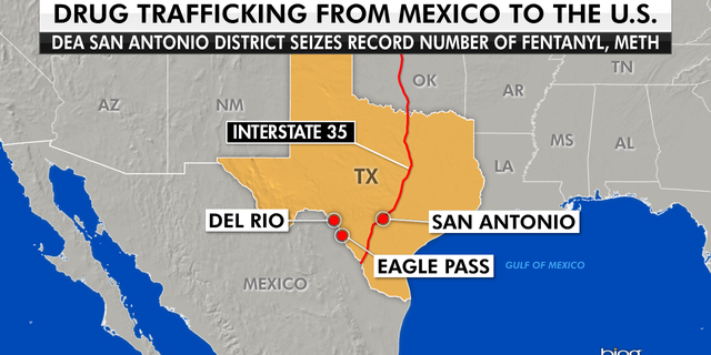 Interstate 35 runs from Texas all the way up to Minnesota. Drug traffickers smuggle drugs across the southwest border to bigger cities like San Antonio. (Graphic by Fox News)