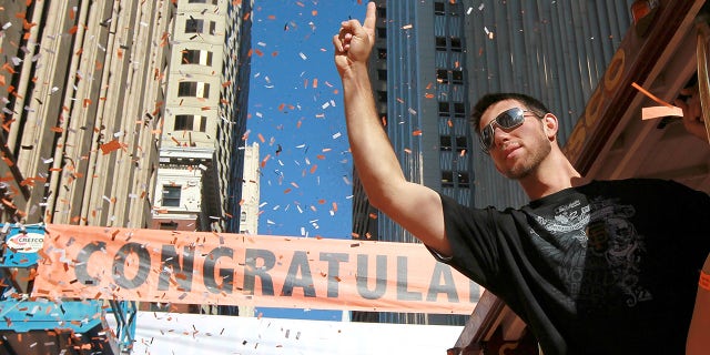 Madison Bumgarner of the San Francisco Giants celebrates during the Giants' vicotry parade on Nov. 3, 2010 in San Francisco, California. Thousands of Giants fans lined the streets of San Francisco to watch the San Francisco Giants celebrate their 2010 World Series victory over the Texas Rangers.