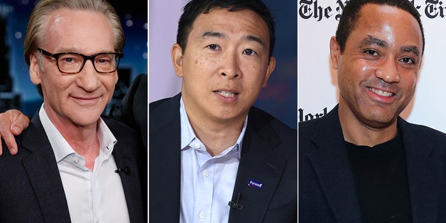 Bill Maher's guests on Friday included former presidential candidate Andrew Yang, center, and ‘Woke Racism’ author John McWhorter.