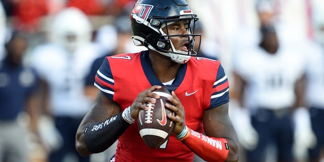 Malik Willis of the Liberty Flames drops back to pass against the Old Dominion Monarchs at Williams Stadium Sept. 18, 2021 in Lynchburg, Virginia.