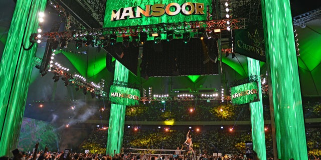 Mansoor makes his appearance during the World Wrestling Entertainment (WWE) Crown Jewel pay-per-view in Riyadh on Oct. 31, 2019.