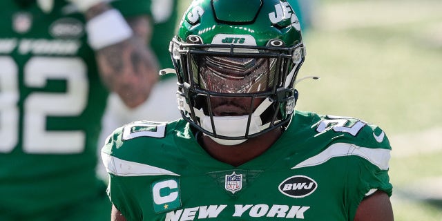 New York Jets free safety Marcus Maye (20) reacts during the first half against the Miami Dolphins at MetLife Stadium.