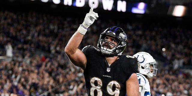 Baltimore Ravens tight end Mark Andrews (89) celebrates his touchdown during the second half of an NFL football game against the Indianapolis Colts, Monday, Oct. 11, 2021, in Baltimore.