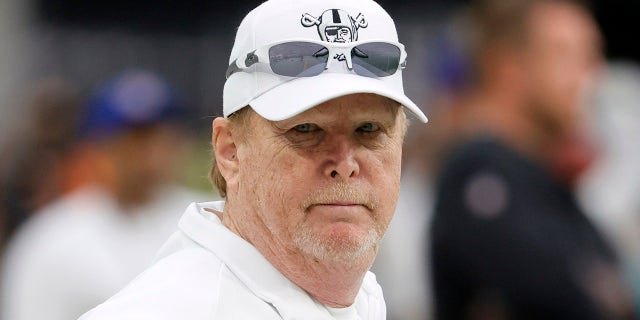 Las Vegas Raiders owner and managing general partner Mark Davis watches his team warm up before a game against the Miami Dolphins at Allegiant Stadium on September 26, 2021 in Las Vegas, Nevada. The Raiders defeated the Dolphins 31-28 in overtime.