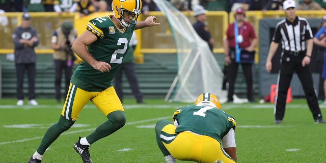 Mason Crosby #2 of the Green Bay Packers kicks a field goal during a game against the Pittsburgh Steelers at Lambeau Field on October 03, 2021 in Green Bay, Wisconsin.