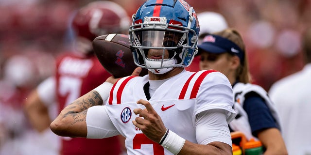 Mississippi quarterback Matt Corral (2) warms up before an NCAA college football game against Alabama, Saturday, Oct. 2, 2021, in Tuscaloosa, Ala.