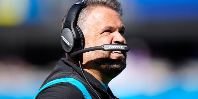 Carolina Panthers head coach Matt Rhule watches the game against the Minnesota Vikings during the first half of an NFL football game, Sunday, Oct. 17, 2021, in Charlotte, NC