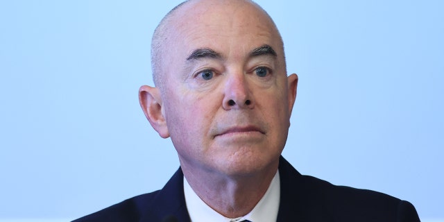 National Security Secretary Alejandro Mayorkas looks on during a briefing as part of the High Level Security Dialogue at the SRE building on October 8, 2021 in Mexico City, Mexico.