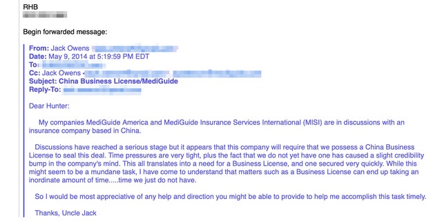 Hunter Biden's uncle, Jack Owens,  reached out to Hunter Biden in May 2014 asking him for help in expediting a Chinese "Business license" for his telemedicine companies.