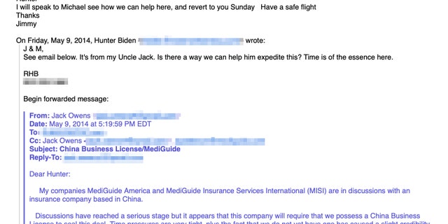 Hunter Biden's uncle, Jack Owens, reached out to Hunter Biden in May 2014 asking him for help in expediting a Chinese "Business license" for his telemedicine companies.