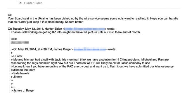 Jimmy Bulger told Hunter Biden in a May 2014 email that he thought he and Michael Lin had a "solution" for Hunter's uncle's "Chinese problem." 