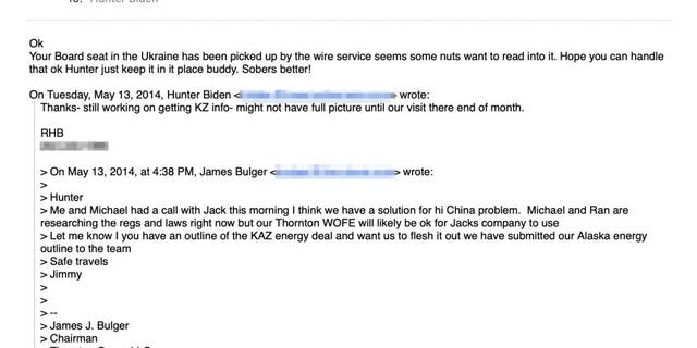 Jimmy Bulger told Hunter Biden in a May 2014 email that he thought he and Michael Lin had a "solution" for Hunter's uncle's "China problem." 