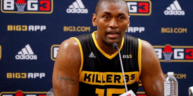 DULUTH, GA - AUGUST 10: Metta World Peace #15 of Killer 3s answers questions from the media during week eight of the BIG3 three on three basketball league at Infinite Energy Arena on August 10, 2018 in Duluth, Georgia.