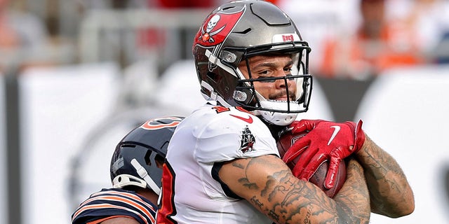 Tampa Bay Buccaneers wide receiver Mike Evans pulls in quarterback Tom Brady's 600th career touchdown pass during the first half of an NFL football game against the Chicago Bears Sunday, Oct. 24, 2021, in Tampa, Florida.