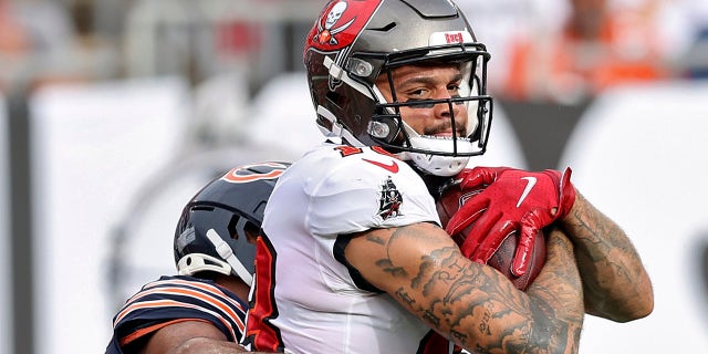 Tampa Bay Buccaneers wide receiver Mike Evans pulls in quarterback Tom Brady's 600th career touchdown pass during the first half of an NFL football game against the Chicago Bears Sunday, Oct. 24, 2021, in Tampa, Florida.