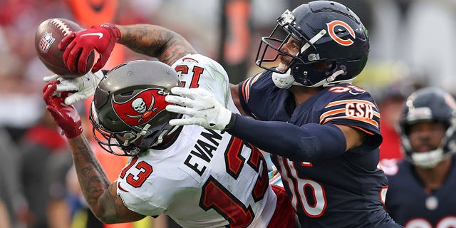 Chicago Bears defensive back DeAndre Houston-Carson (36) breaks up a pass intended for Tampa Bay Buccaneers wide receiver Mike Evans (13) during the first half of an NFL football game Sunday, Oct. 24, 2021, in Tampa, Fla.