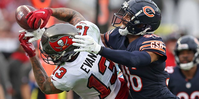 Chicago Bears defensive back DeAndre Houston-Carson (36) breaks up a pass intended for Tampa Bay Buccaneers wide receiver Mike Evans (13) during the first half of an NFL football game Sunday, Oct. 24, 2021, in Tampa, Fla.